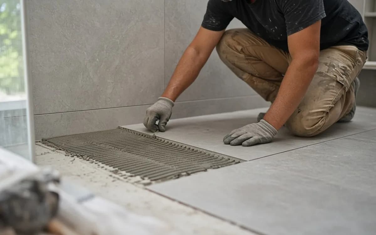 Tiler in gloves pressing a large grey porcelain floor tile onto freshly combed thinset mortar