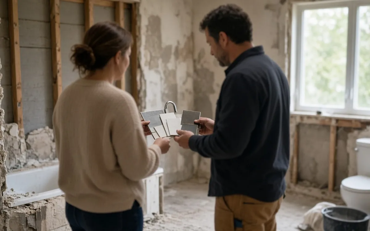 Two people comparing grey tile samples in a gutted bathroom with open wall studs and an old tub