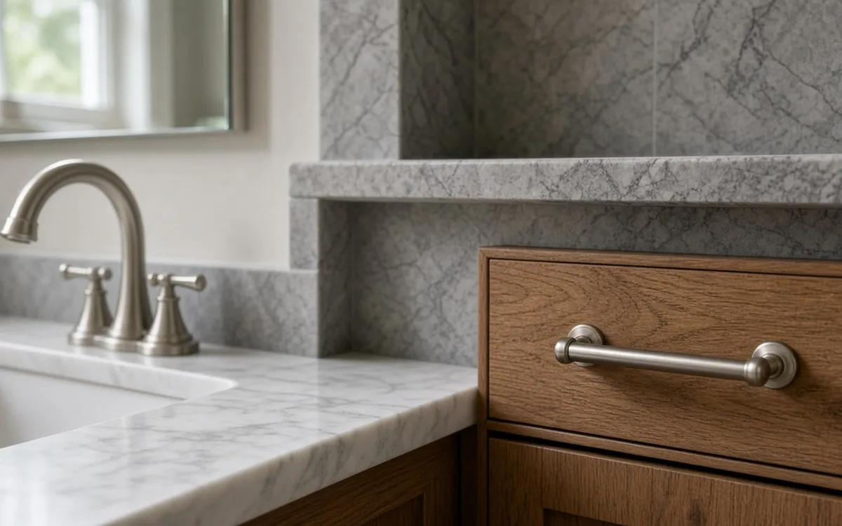 Brushed-nickel faucet on a grey marble vanity top with a tiled backsplash and oak drawer with a bar pull