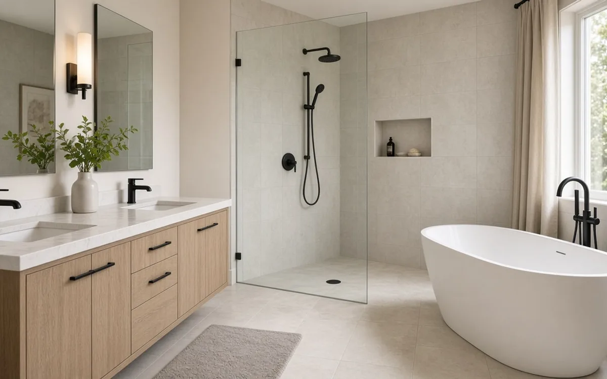 Bright bathroom with oak double vanity, curbless glass-panel shower with black fixtures and a freestanding tub