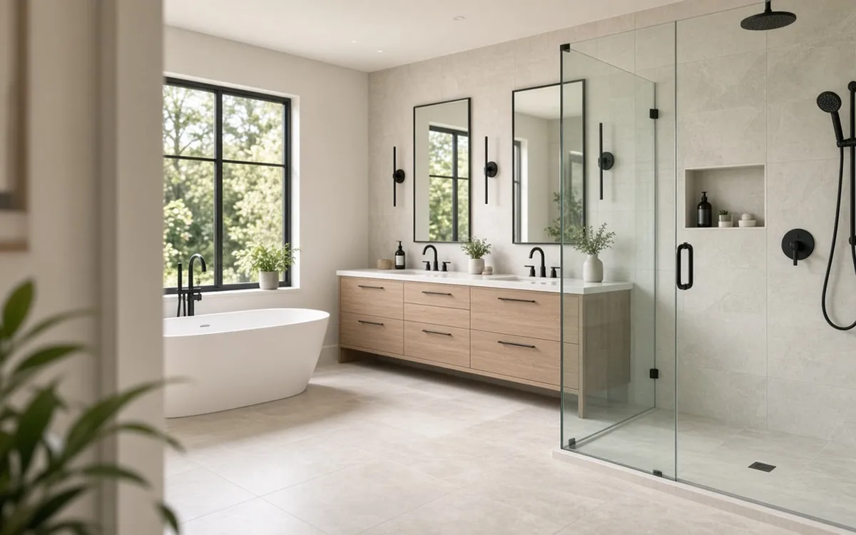 Wide bathroom view with a freestanding tub under a black-framed window, oak vanity and glass shower enclosure