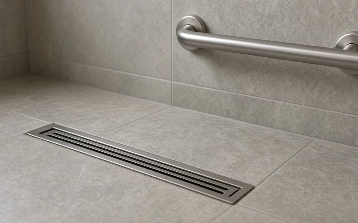 Close view of a brushed-steel grab bar above a slotted linear shower drain set in grey stone-look tile