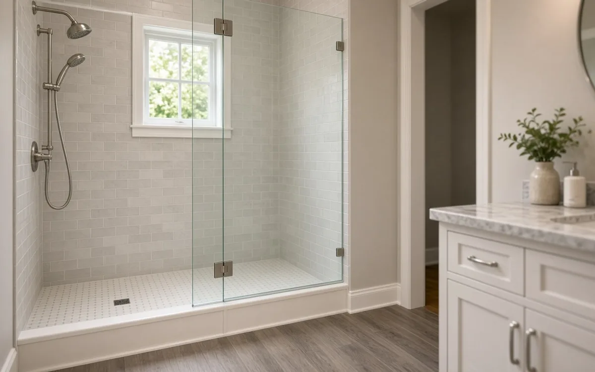 Alcove shower with grey subway tile, hinged glass door, handheld shower and a small window above the tub-height curb