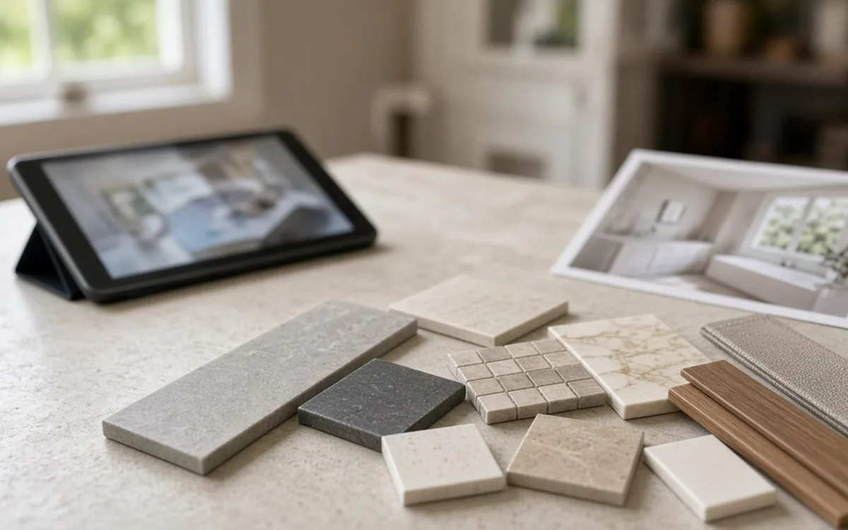 Tablet on a stand, printed bathroom photo and spread of stone, mosaic and wood-look tile samples on a desk