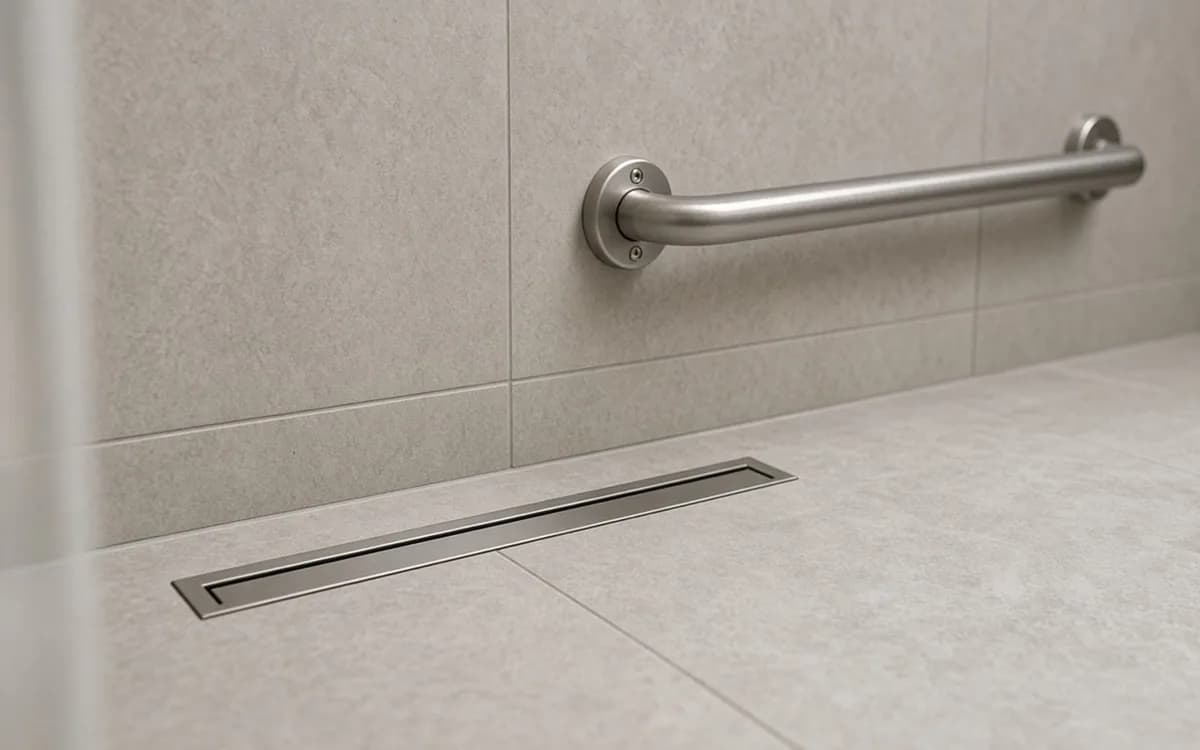 Low-angle detail of a short stainless grab bar on large-format grey wall tile beside a flush linear floor drain
