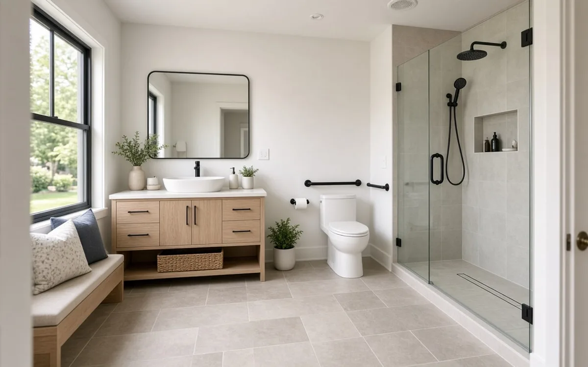 Wall-mounted vanity with open knee space beside a comfort-height toilet with grab bars on the side and rear walls