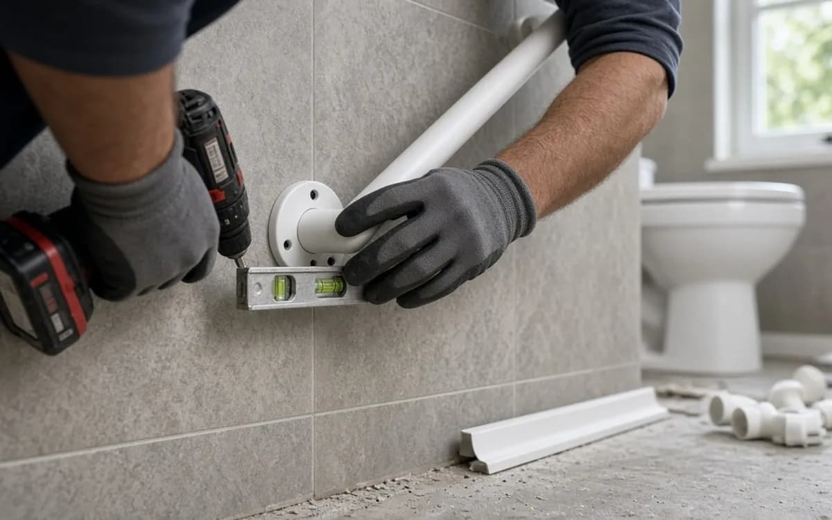 Gloved hands using a cordless drill and small level to mount a white grab bar on grey tile next to a toilet