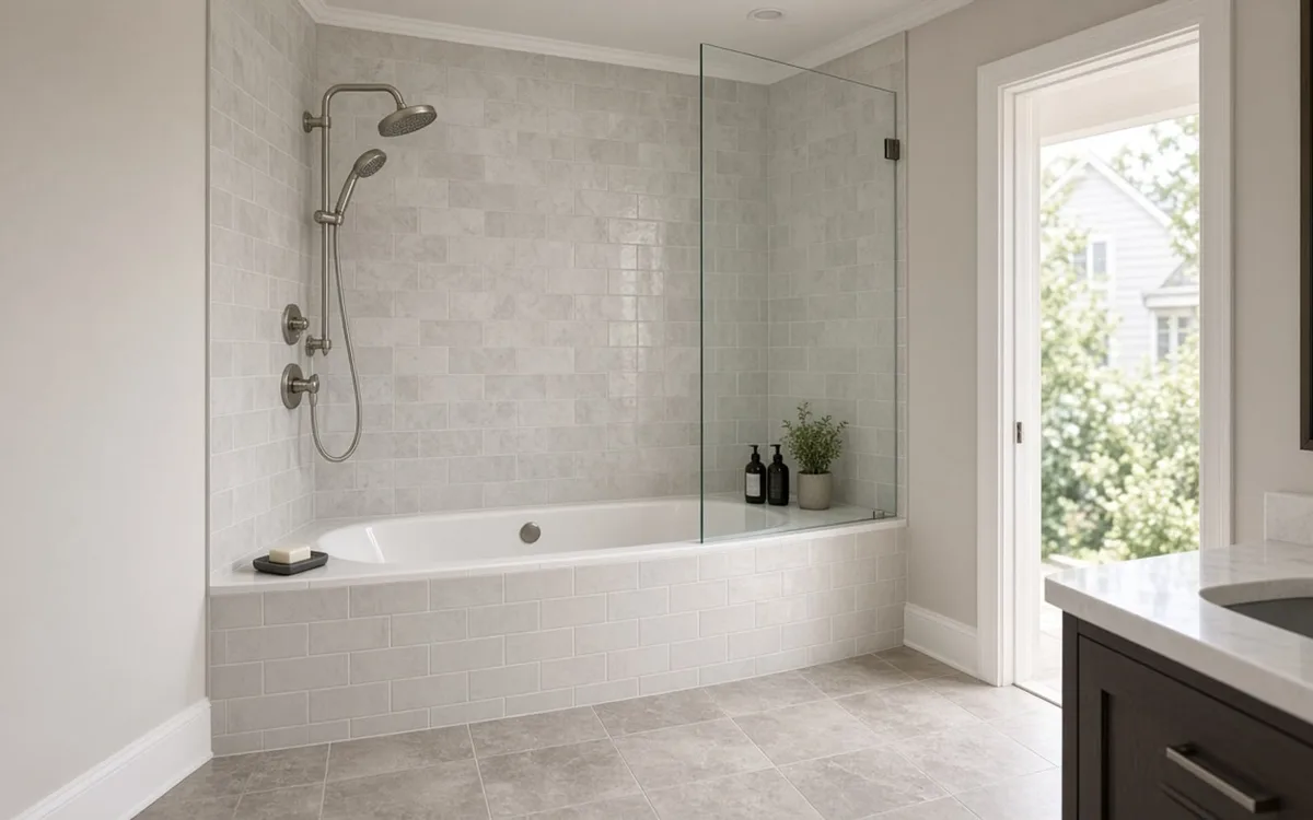 Completed tub-to-shower conversion in a five-foot alcove with a low curb, white subway tile, a bench and a fixed glass panel