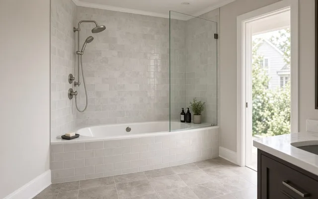 Soaking tub with a fixed glass splash panel, grey subway tile surround and brushed-nickel handheld shower