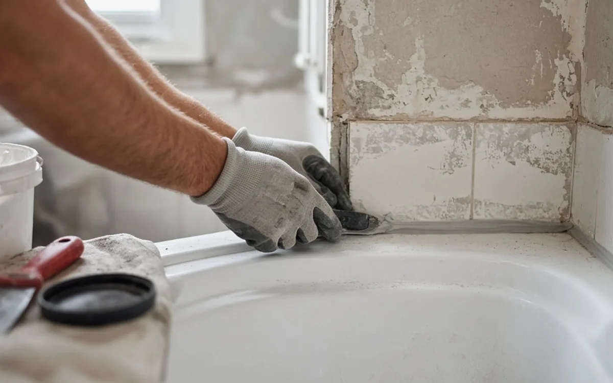 Gloved hands scraping old grout and caulk from worn wall tile along the rim of a white bathtub