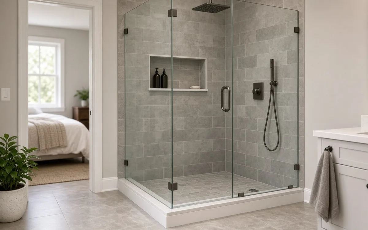 Frameless glass walk-in shower with grey tile, a recessed niche and matte black rain head, bedroom beyond