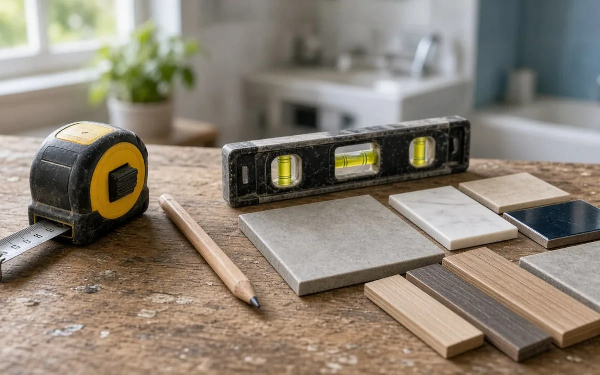 Tape measure, pencil and torpedo level on a worn workbench with stone, glass and wood-look tile samples