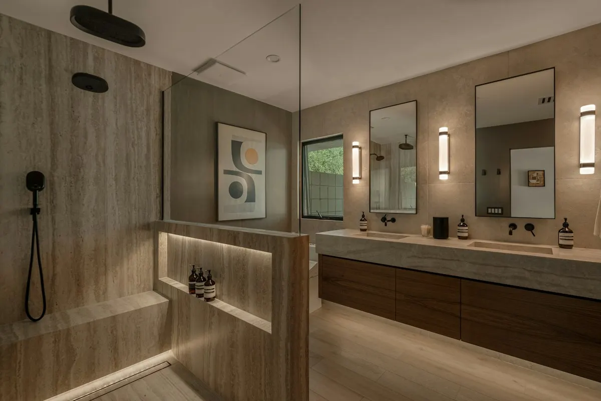 Double vanity with a wide wall mirror