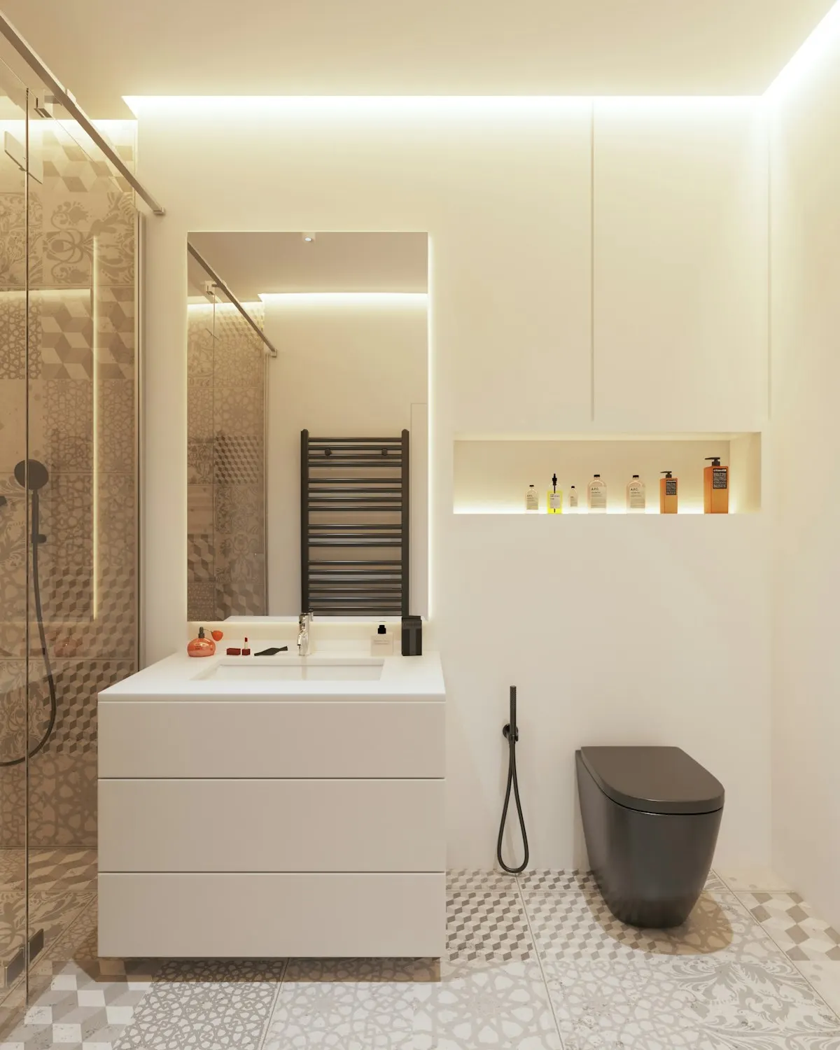 Compact bathroom with a wall-hung toilet and vanity