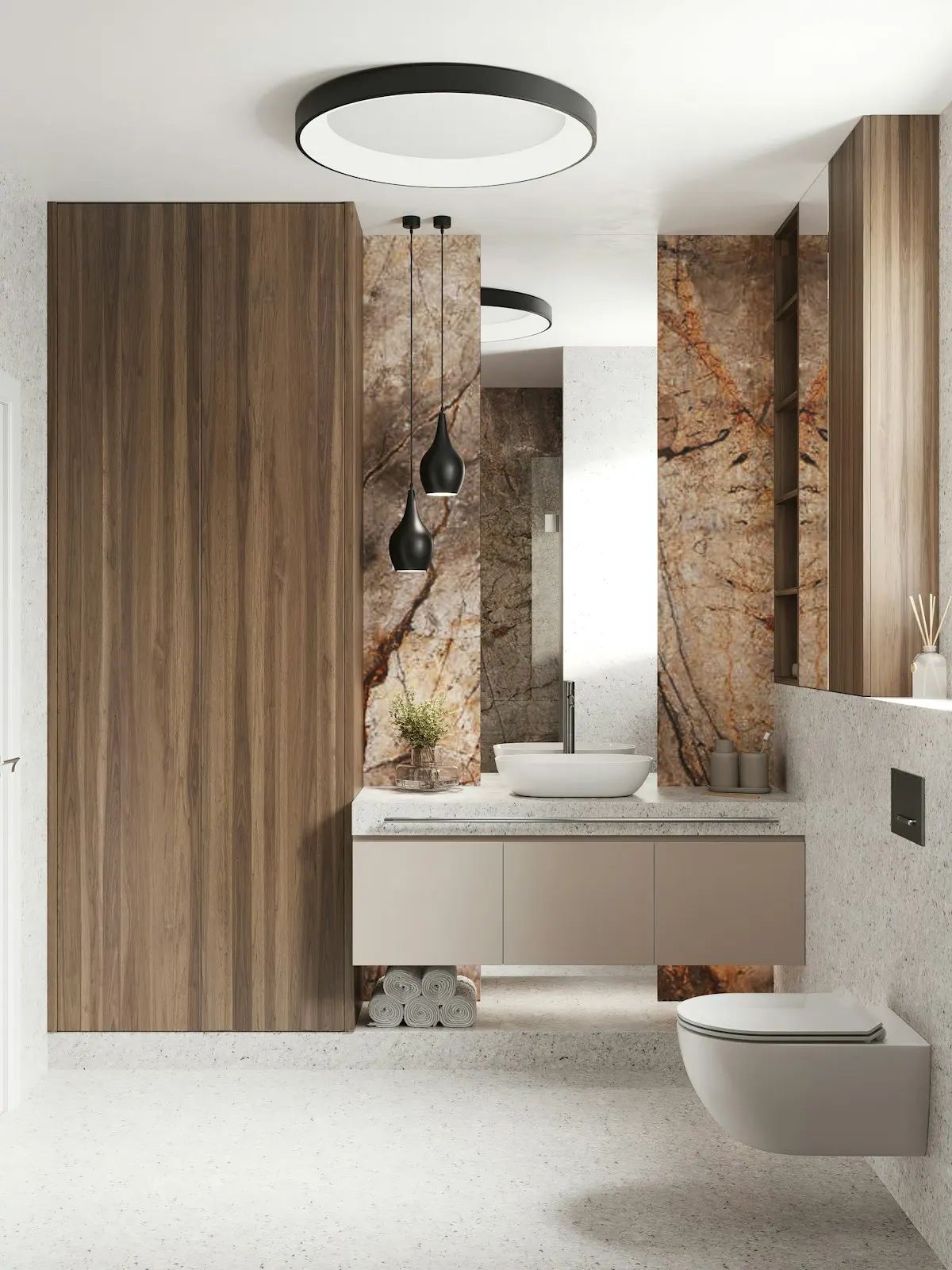 Bathroom vanity reflected in a large illuminated mirror