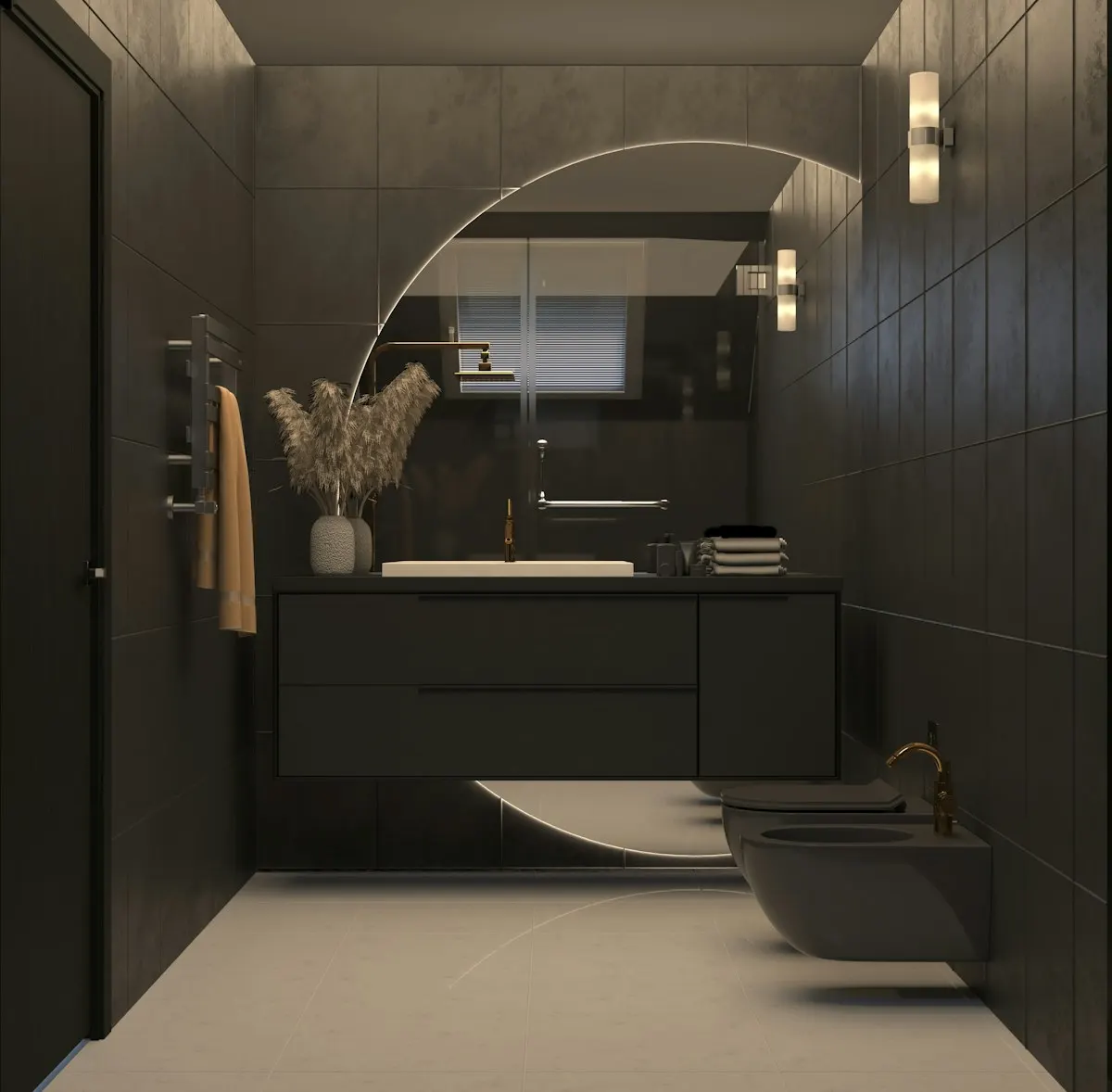 Dark bathroom vanity with a round mirror
