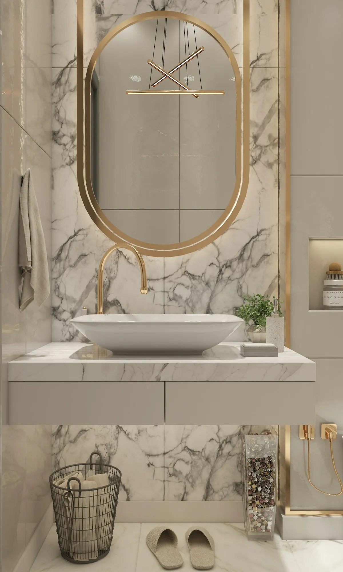 Vanity basin beneath a round mirror