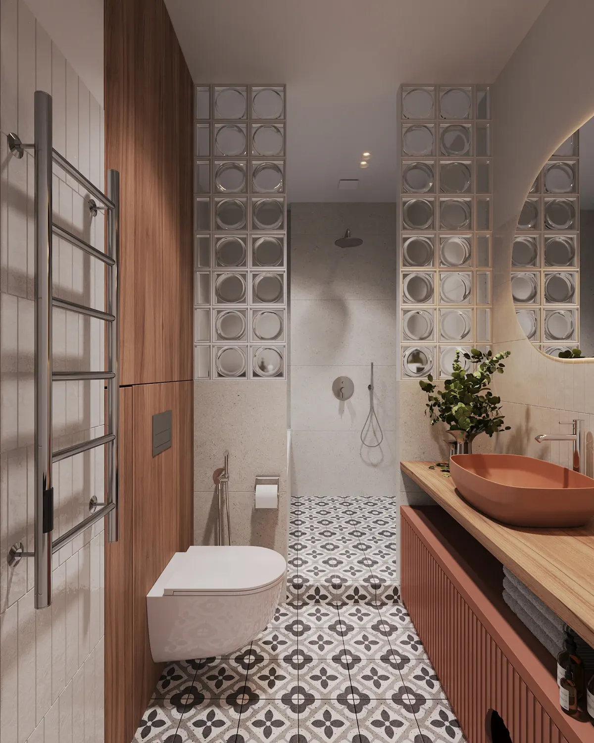 Narrow bathroom with a tiled shower area and wall-hung toilet
