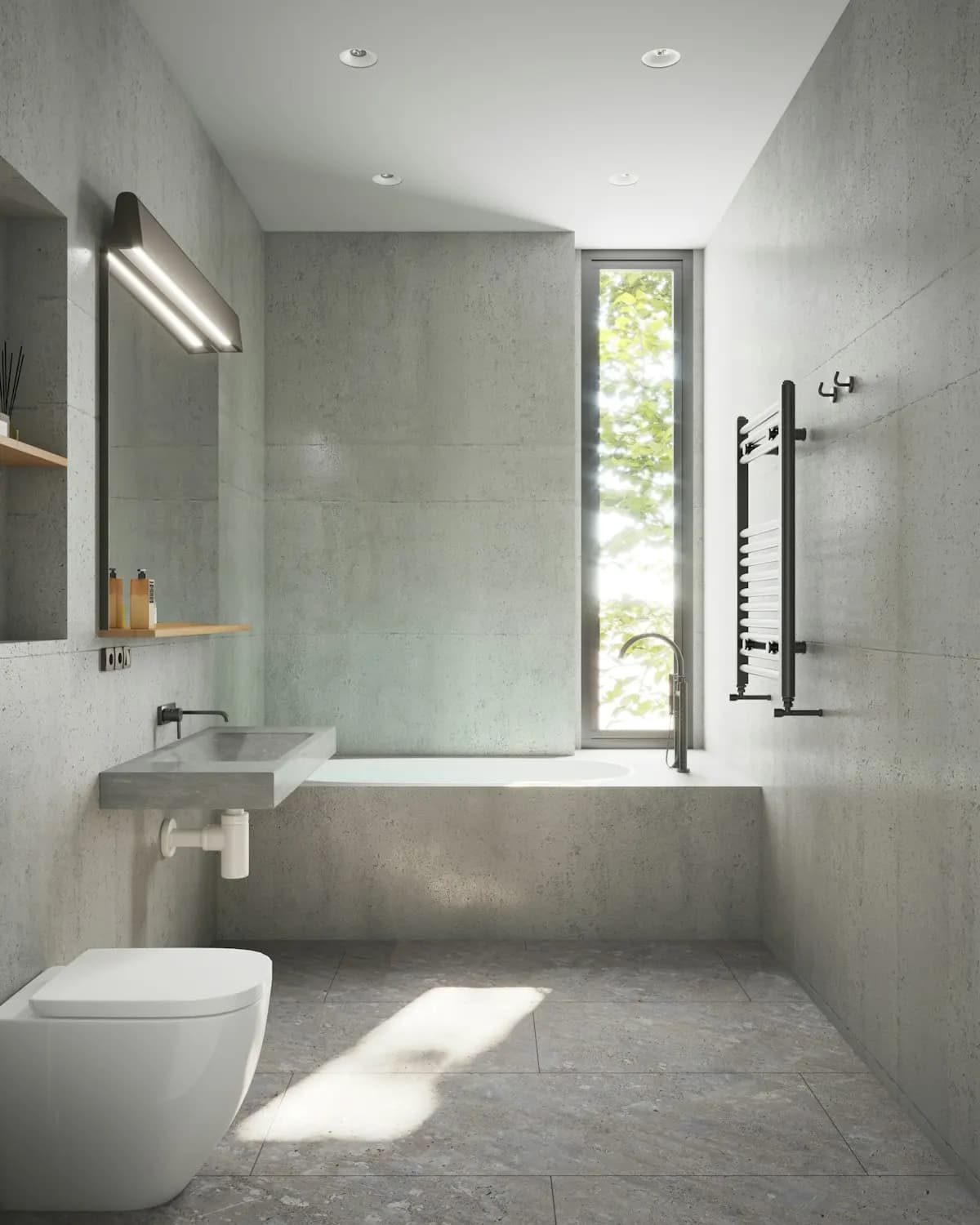 Walk-in shower area with a wall-mounted basin and toilet