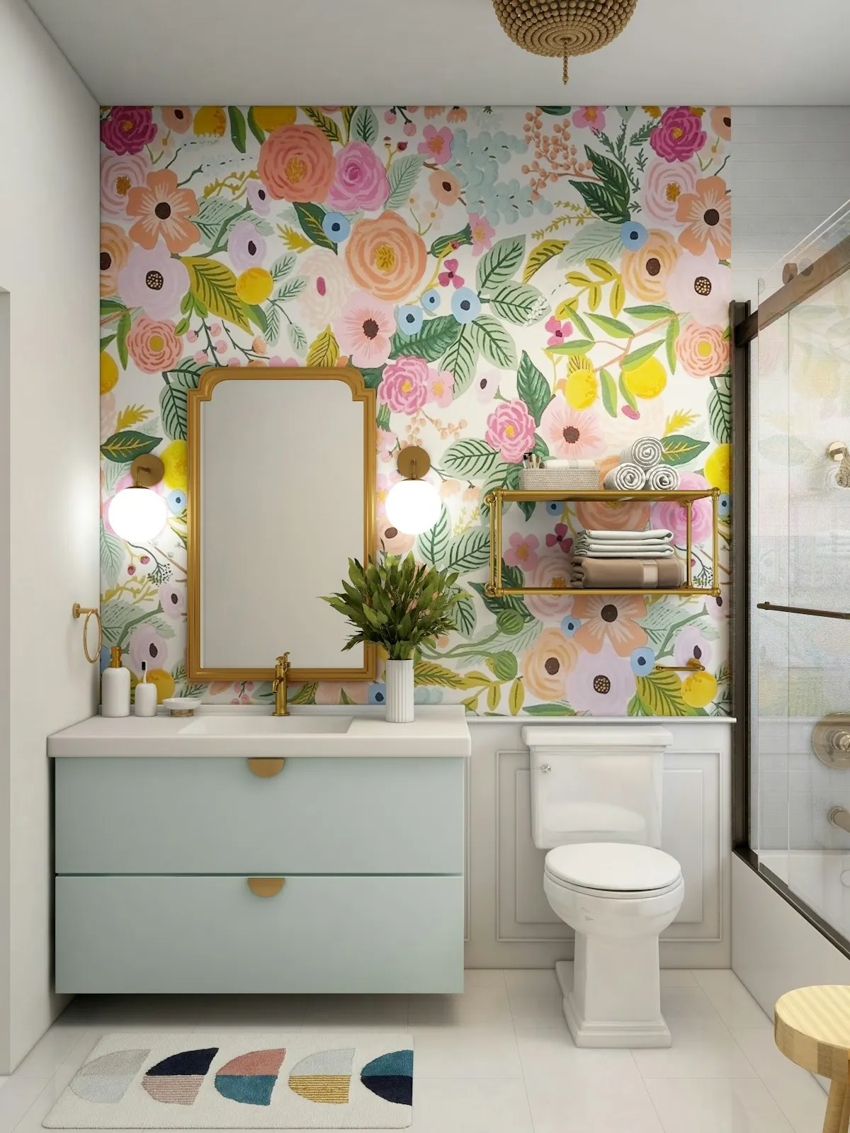 Compact bathroom with botanical wallpaper and a small basin