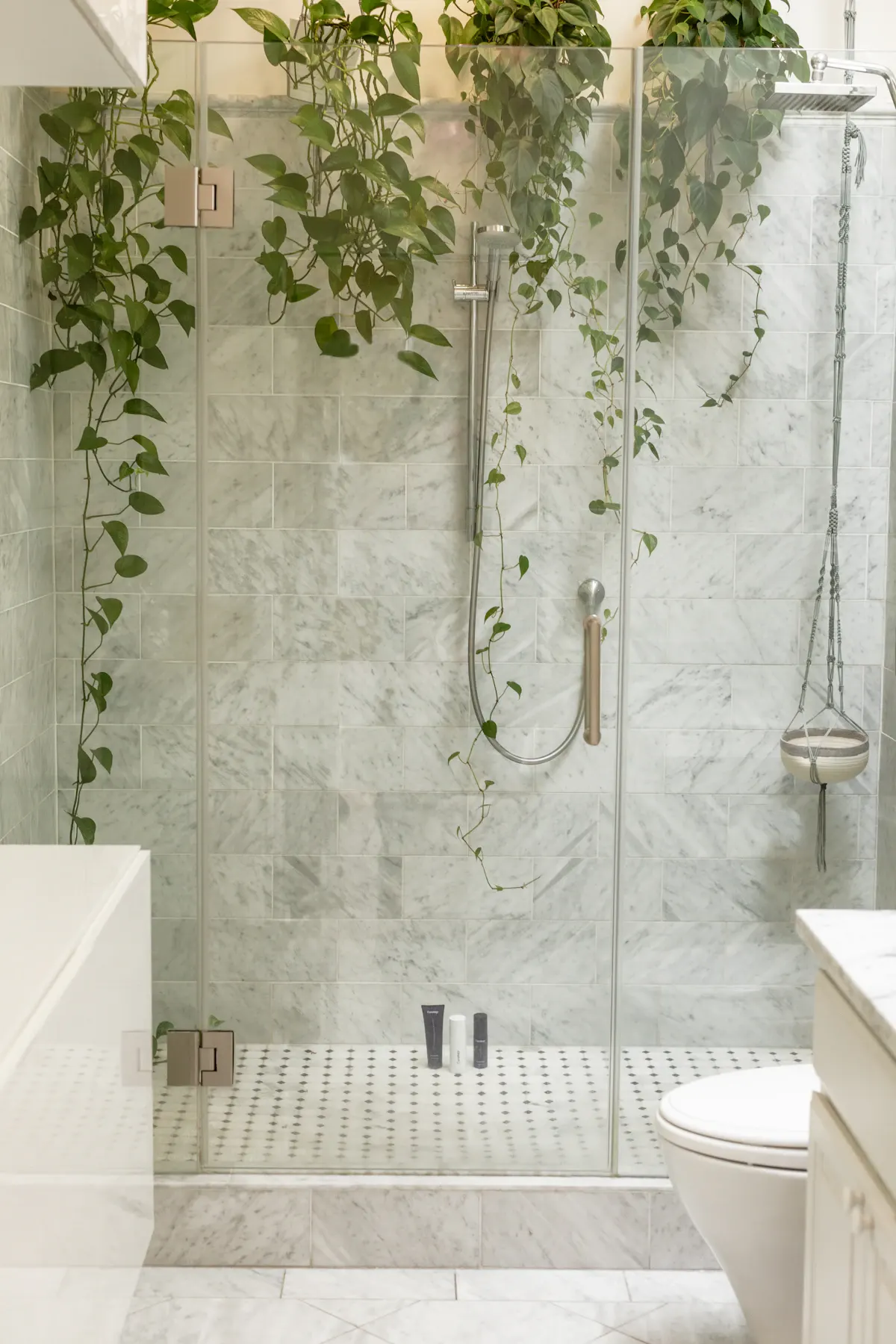 Shower area with greenery beside a tiled wall