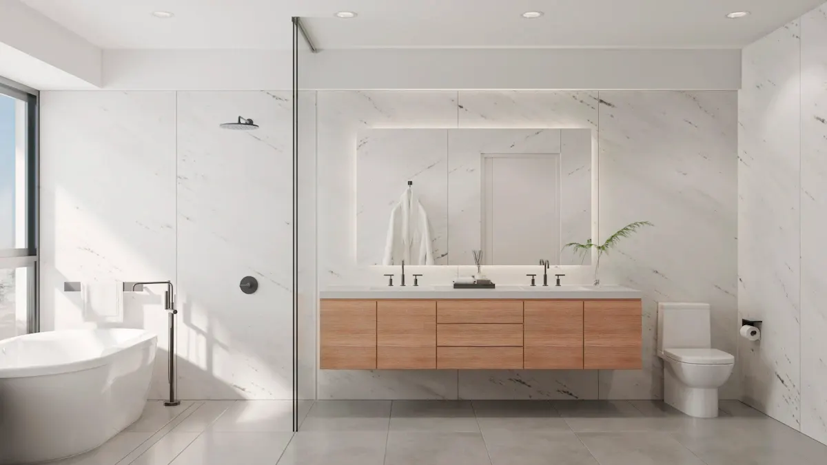 Bathroom with a long timber vanity and freestanding bath